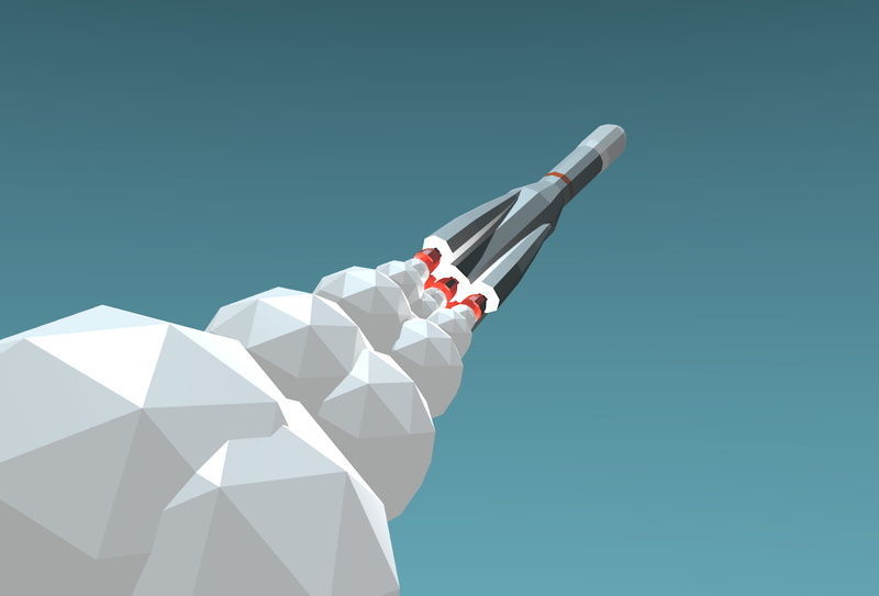 spaceship, low poly, rocket, blue background, smoke, R-7, Soyuz, 720P, minimalism