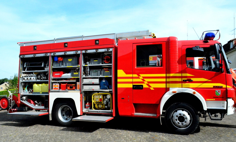 no people, outdoors, red, truck, side view, nature, mode of transportation, 4K, city, accidents and disasters, fire, travel, road, land vehicle, transportation