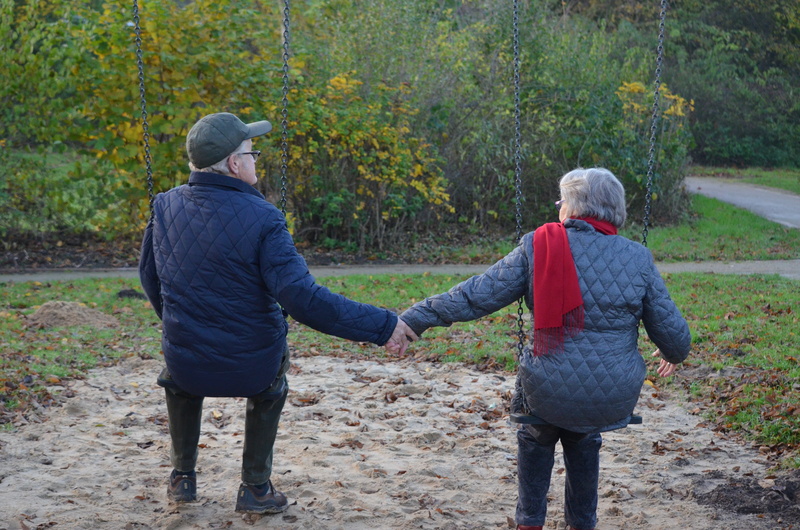 bonding, warm clothing, plant, woman, holding, hand in hand, wearing, playground, sister, age, love, nature, sitting, people, swing, full length, autumn