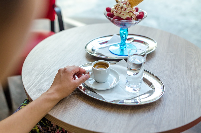 ice cream, human hand, spoon, serving tray, one person, girl, food, drinking glass, woman, women, glass, mug, cup, 4K, coffee - drink, white, cafe, latte