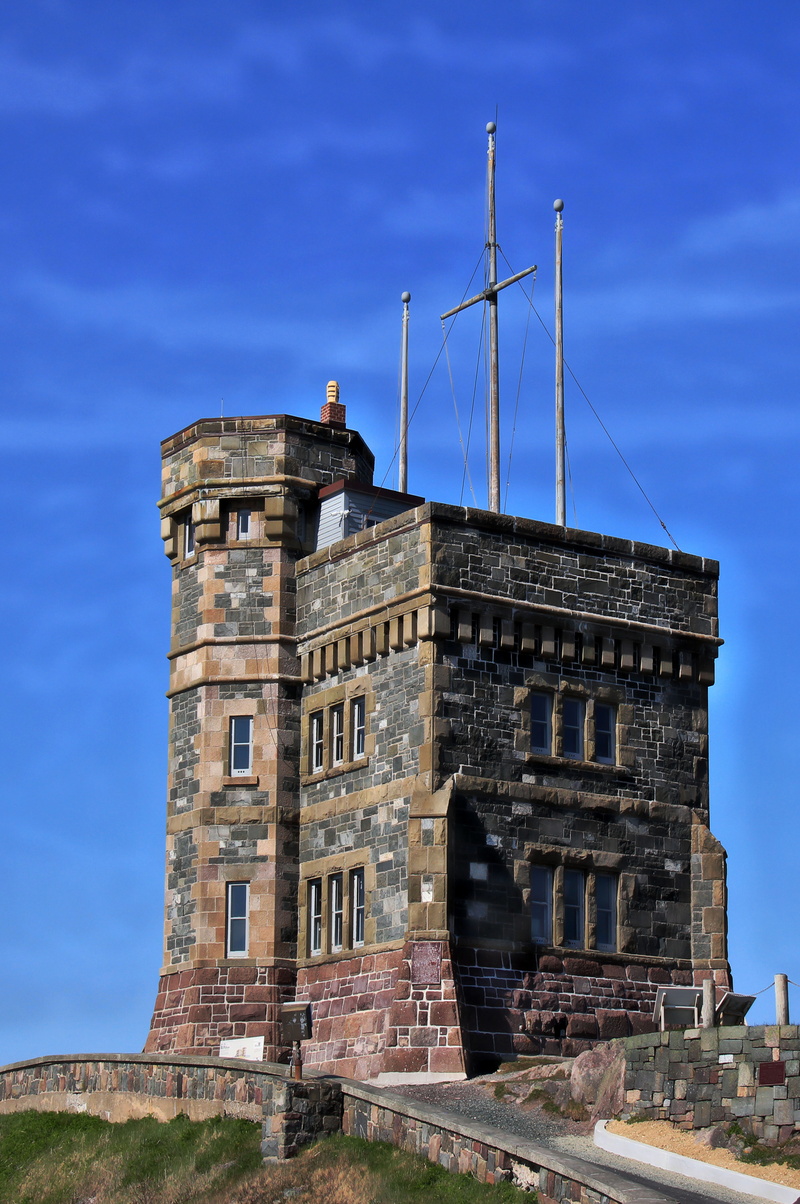 blue, travel, 8K, outdoors, no people, ancient, built structure, day, signal, low angle view, building exterior, tower, hill, history, cloud - sky, newfoundland