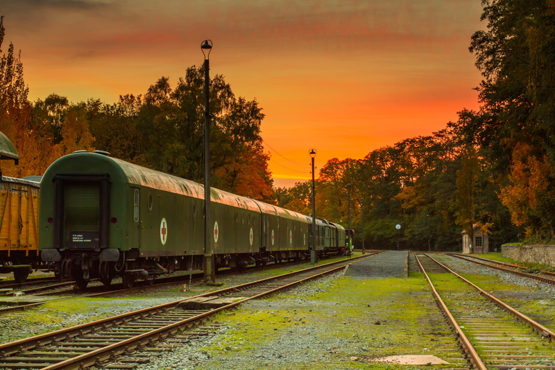 landscape, orange color, transport system, sunset, vintage, empty, goods wagons, abandoned, direction, tree, lonely, railroad track, cloud - sky, road