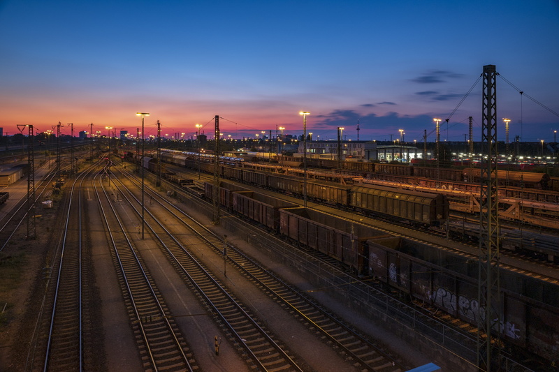 city, wagon, railway tracks, train - vehicle, station, freight transport, electricity, marshalling yard, gleise, public transportation, true, sunset, cloud - sky