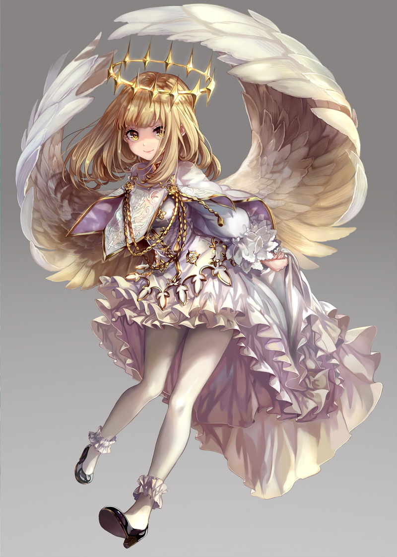 2K, studio shot, long hair, wings, anime girls, human limb, anime, fashion, beautiful woman, portrait, dress, women, adult, one person, gray background