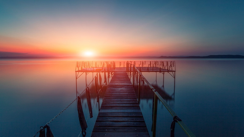water, Lake Balaton, sunset, Sun, fence, ribbon, long exposure, wooden bridge, horizon, mountains, landscape, 1080P, pier, nature, Hungary, lake