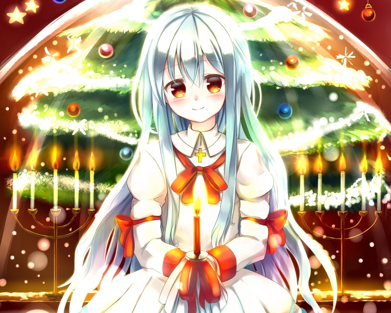 christm, light, anime-girl, 1080P, nice, sweet, lovely, pretty, dress, ribbon, lite, long-hair, merry-christmas, candle, cute