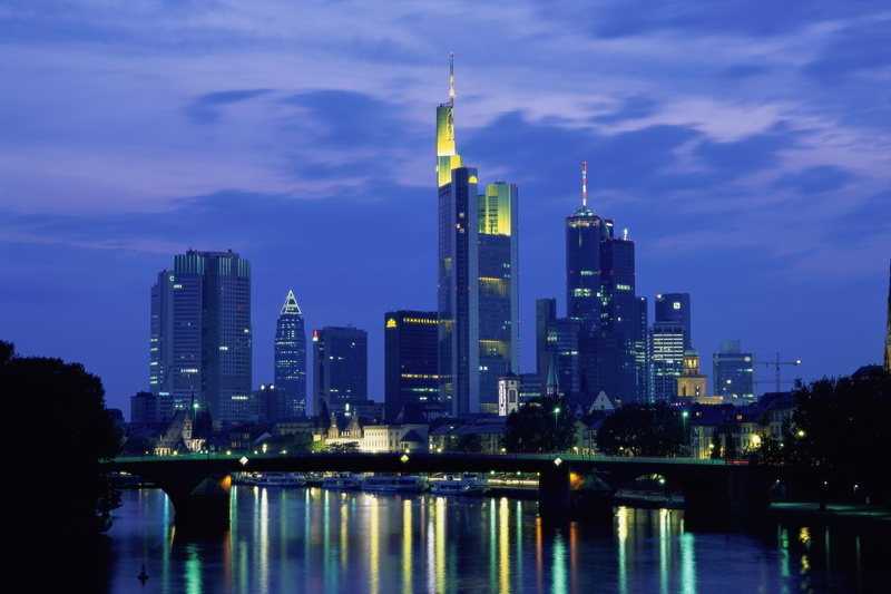 no people, landscape, Frankfurt, built structure, office building exterior, tower, dusk, financial district, 1080P, illuminated, outdoors, building, nature