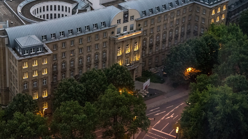 architecture, city, Frankfurt, brown, symbol, outdoors, high angle view, built structure, building, tree, motor vehicle, hotel, plant, sign, car, no people