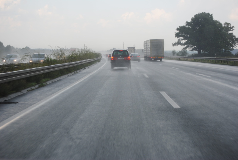 car, streets, road trip, sign, Hydroplaning, no people, multiple lane highway, driving school, Highway, transportation, wet, rain, Germany, motor vehicle