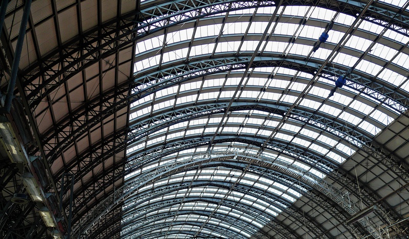 arch, central station, building, indoors, abstract, day, remote traffic, full frame, traffic, backgrounds, roof, no people, modern, design, trains, architecture and art