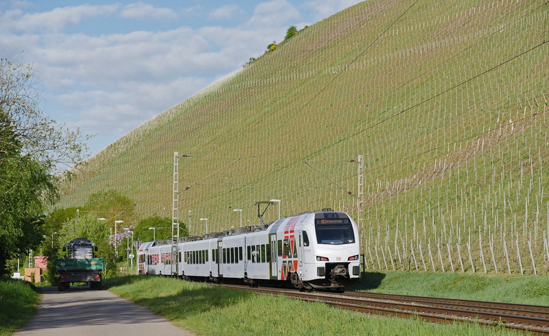 track, saar valley, winery, tree, rail transportation, truck, 5K, transportation, spring, sky, regional traffic, train, vineyard, land vehicle, april