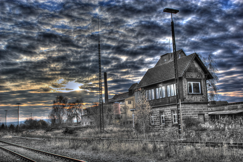 railway station, building, platform, dusk, prior to course, plant, window, nature, old technology, signal box, 5K, transport, track, rail transportation