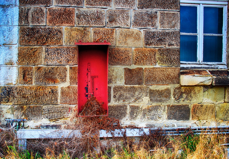 defect, closed, rusted, window frame, plant, nature, residential district, day, building, fire extinguisher, dirty, built structure, old technology, stainless