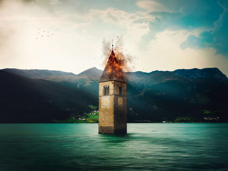 beauty in nature, scenics - nature, rive, tower, history, the past, blue, church, mirroring, reschen pass, 4K, clouds, architecture, brand, cloud - sky
