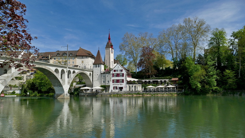 architecture, built structure, no people, 5K, connection, aargau, bank, spire, clock tower, bushes, restaurant, shutters, river, mirroring, water, plant