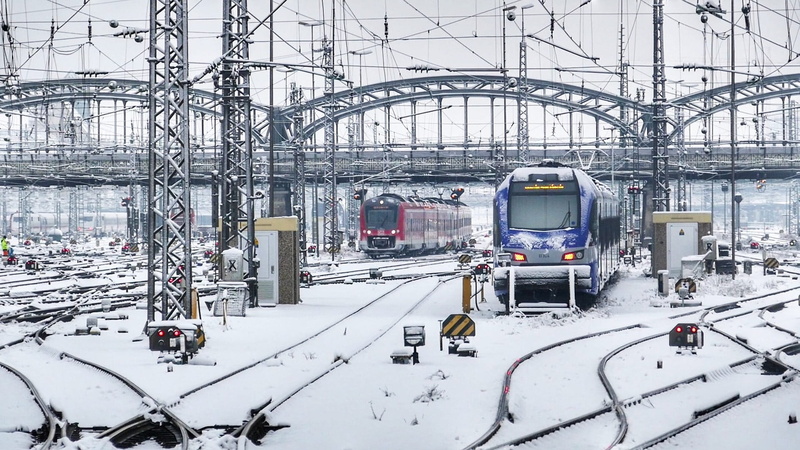 industry, rail transportation, catenary, cable, mode of transportation, electricity, technology, architecture, train, snow, travel, winter, train - vehicle