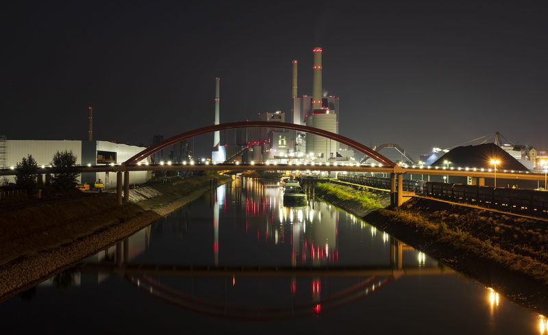 building, skyscraper, architecture, transportation, mannheim, river, air pollution, building exterior, bridge, no people, reflection, smoke stack, chimney