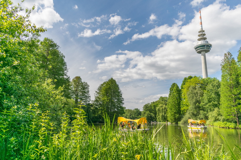 travel destinations, park, spire, luisenpark, sky, plant, growth, water, travel, landscape, global communications, botanical, garden, nature, day, tourism