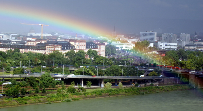 building, architecture, building exterior, cityscape, rainbow, mannheim, outdoors, built structure, castle, tree, 2K, office building exterior, power in nature