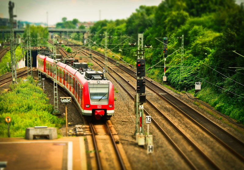 selective focus, electric post, station, track, locomotive, nature, grass, outdoors, train - vehicle, railways, transportation syste, railway tracks, train