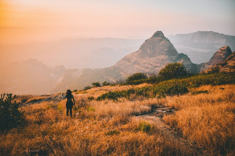 non-urban scene, grassland, travel destinations, sky, grass, hill, beauty in nature, field, 5K, person, woman, environment, sahyadri, outdoors, plant