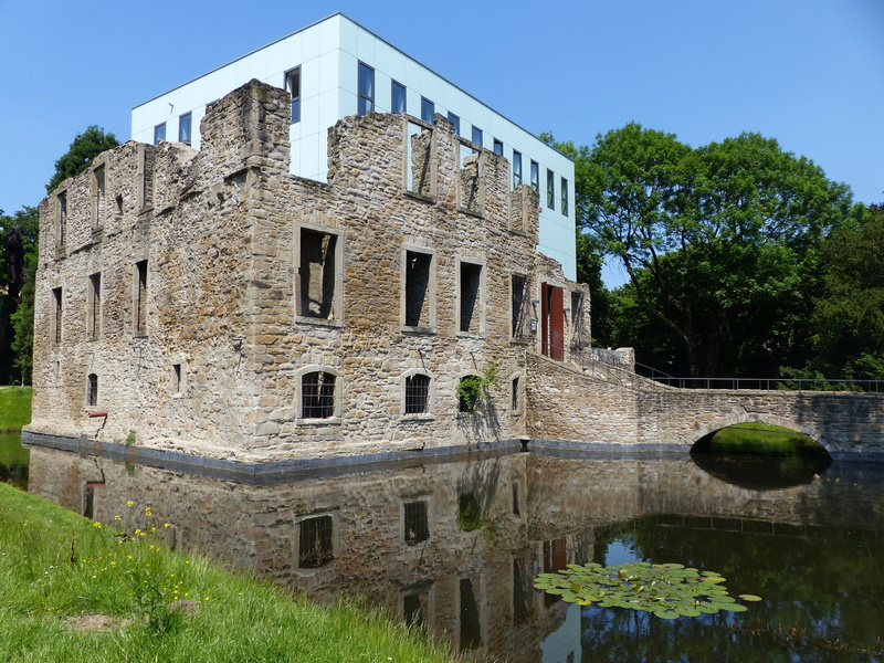 old building, lake, masonry, moated castle, sky, building, the past, ruined, wall, window, built structure, abandoned, tree, decay, stone, day, outdoors