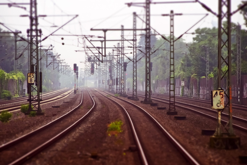 connection, the way forward, train, fog, railway, transportation, railroad track, power supply, day, distant, signals, wide, track bed, railroad tracks