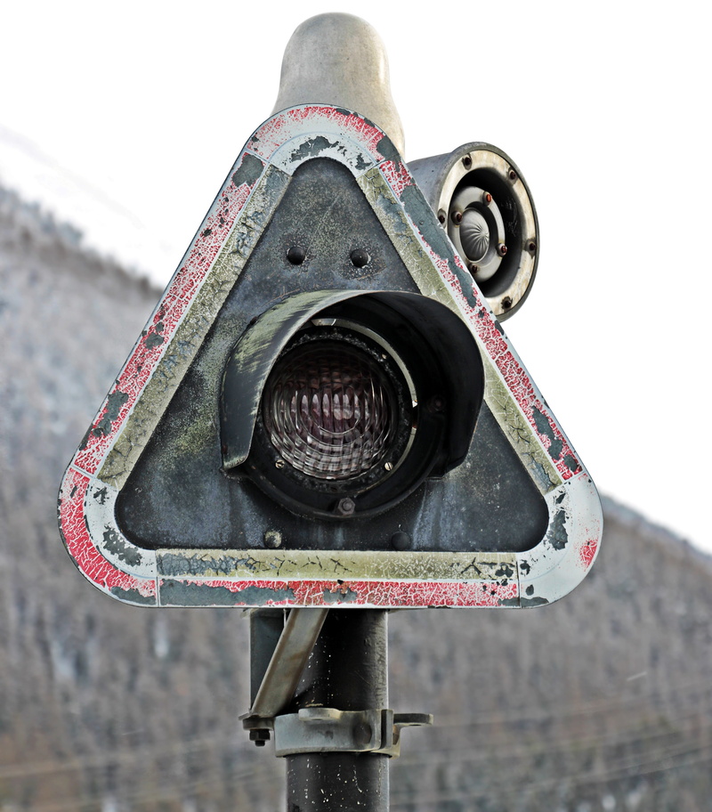 low angle view, day, horn, metal, signal, clouds, triangular, clear sky, signal shield, close-up, cold, technology, safety, winter, sky, railway signal