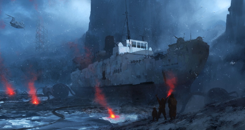helicopter, snow, signal lights, ship, mountains, shore, rocks, 1080P, stones, survivors, art