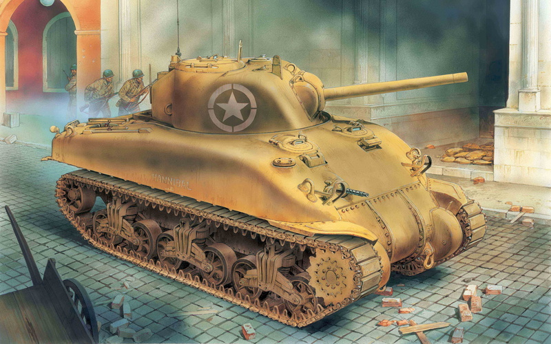 Sherman, 5K, WW2., cover, average, the battle, tank, main, under, art, infantry, M4A1, American
