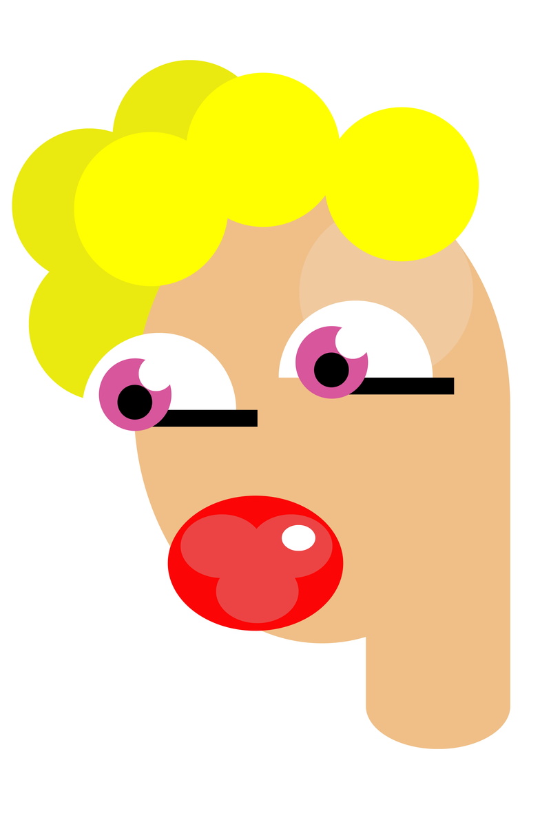 poster, girl, illustration, eyes, woman, shape, no people, studio shot, still life, shadow, cartoon, lips, white background, glasses, blonde, baby doll