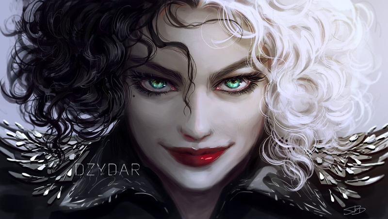 celebrity, Dzy dar, Disney, Emma Stone, Cruella de Vil, fan art, digital painting, 1080P, artwork, digital art, Cruella
