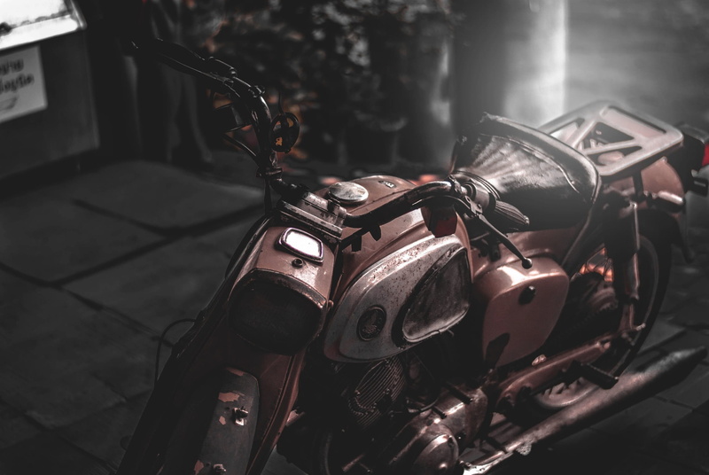 industry, Classic, car, stationary, close-up, metal, motor vehicle, transportation, indoors, garage, motorcycle, engine, Motorbike, vehicle part, focus on foreground