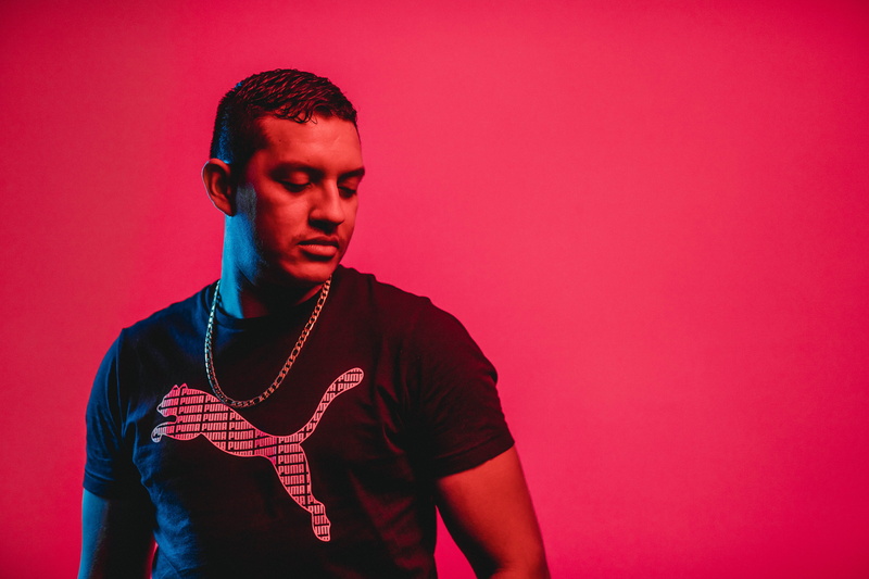 copy space, model, young adult, contemplation, man, casual, indoors, one person, neon, person, near, waist up, wear, colored background, studio, young men