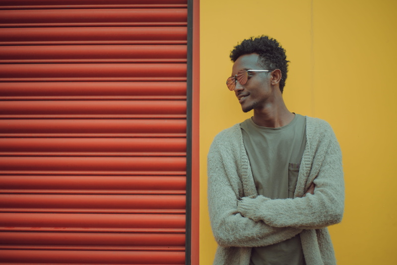 monochrome, portrait, men, male, fashion, smile, looking, one Man Only, red and yellow, sun glasses, standing, profile, adult, human Face, relaxation, fashionable