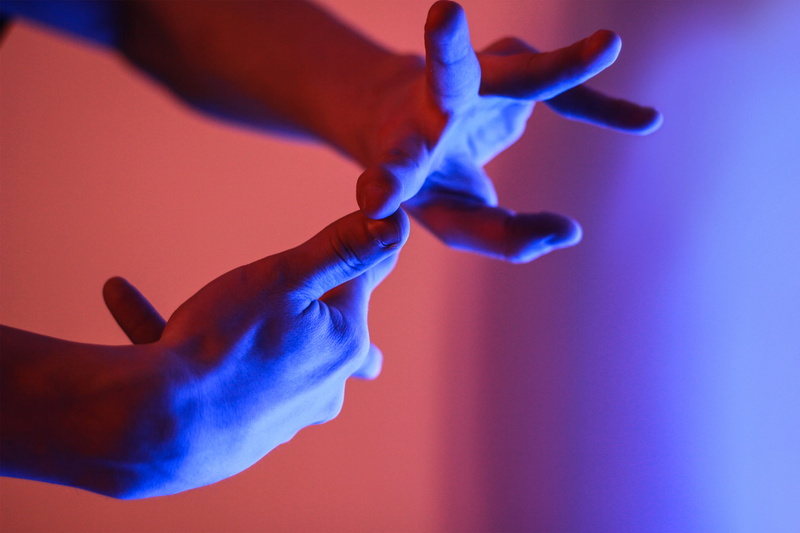 human body part, human limb, indoors, wrist, hand, human, hands, 2K, finger, colored, adult, parts of body, purple, gesture, gesturing, close-up, fluorescence