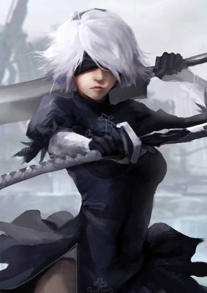 video Game Characters, Fan Art, Katana, 2B (Nier: Automata), Nier: Automata, NieR, artwork, 2K, Black Dress, sword, Blindfold