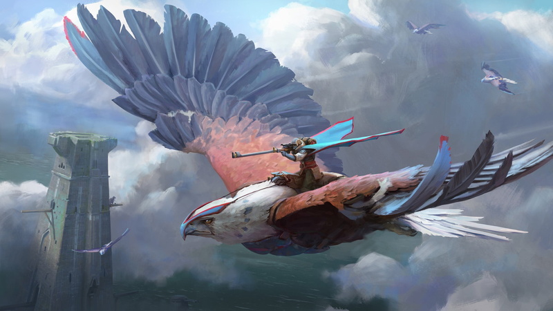 tower, warrior, Roberto Robert, weapon, clouds, wings, gun, artist, artwork, fantasy, birds, 1080P, digital art, flying, sky, animal, fantasy art