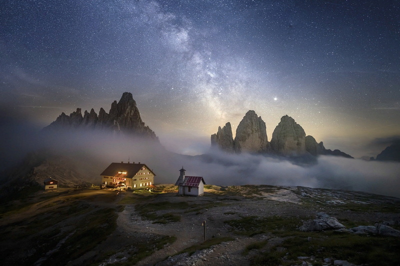 fog, the sky, mountains, nature, The Dolomites, landscape, clouds, home, Roberto Aldrovandi, stars, 1080P, night