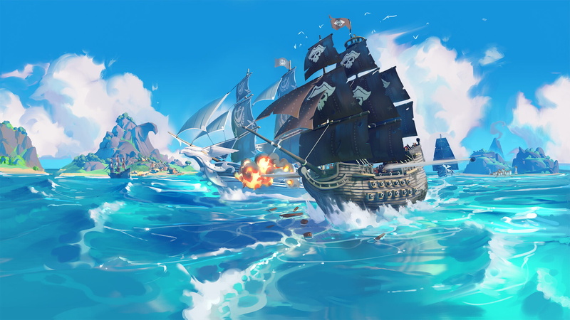 sea, ship, pirates, clouds, birds, waves, 720P, flag, digital art, planks, island, Roberto Gatto
