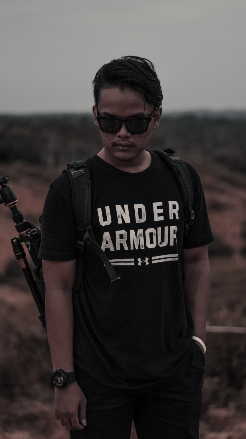 outdoors, standing, casual clothing, sunglasses, glasses, crew, 5K, backpack, focus on foreground, t, front view, neck, portrait, fashion, wear, one person