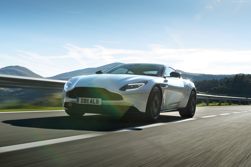 speed, Aston Martin DB11 V8, on the move, motor racing track, mountain, 2018 Cars, car, 2K, sunlight, nature, wheel, sport, sports race, cloud - sky, air vehicle
