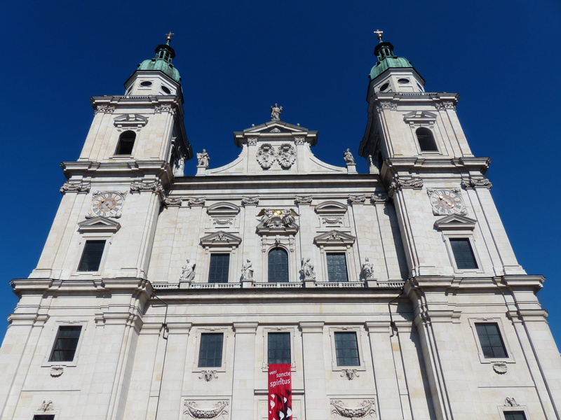 religion, building exterior, city, building, corinthian pilasters, sunlight, church, unesco world heritage, architecture, austria, salzburg, clear sky