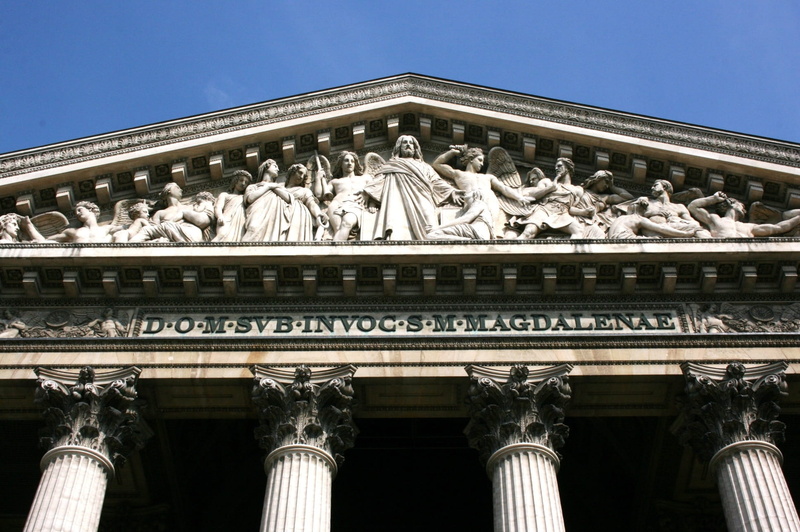 text, Church, architectural column, history, craft, no people, travel destinations, built structure, clear sky, sculpture, 1080P, representation, Paris