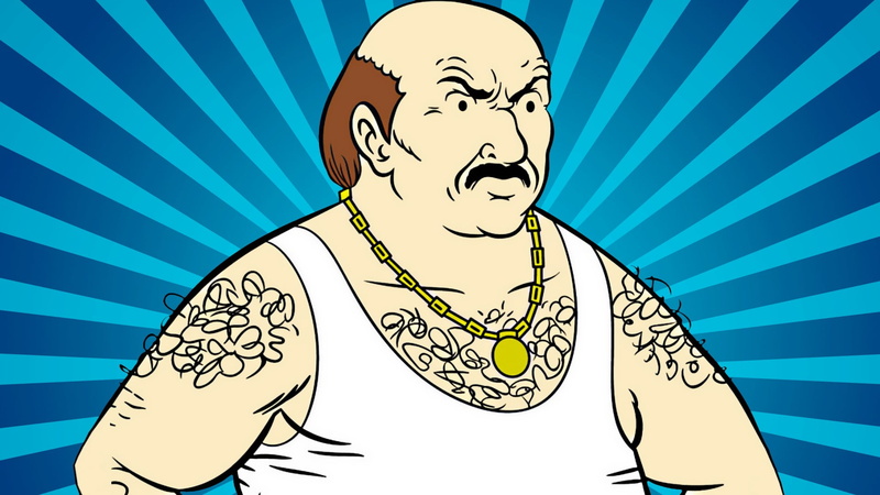 top, indoors, human representation, cartoon, gold, Carl, men, necklace, man, striped, colored, creativity, front view, male likeness, representation, blue background