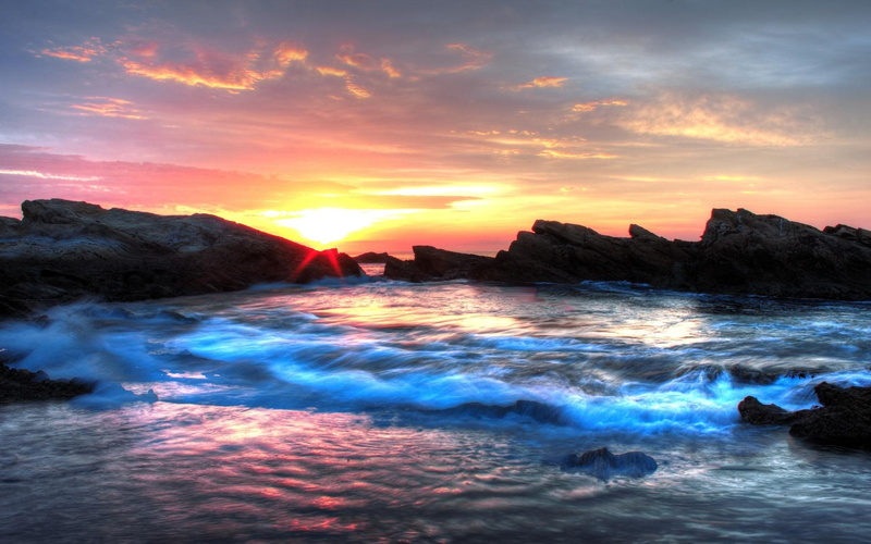 colorful, sunrise, 3d and abstract, creamy, wave, rocks, 1080P, blue
