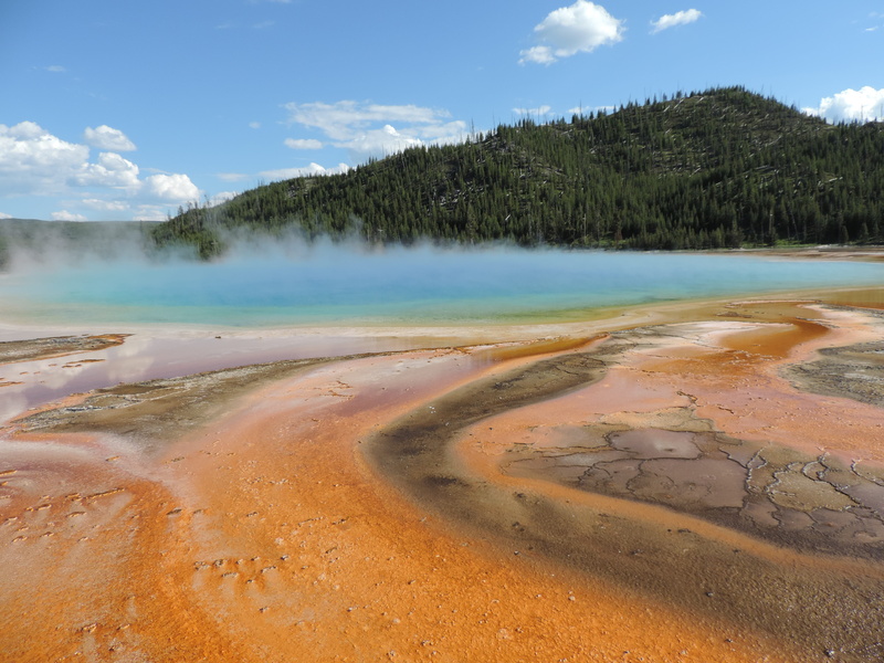 geyser, grand prismatic spring, scenics - nature, tranquility, cloud - sky, tranquil scene, landscape, blue, no People, beauty in nature, nature, scenics