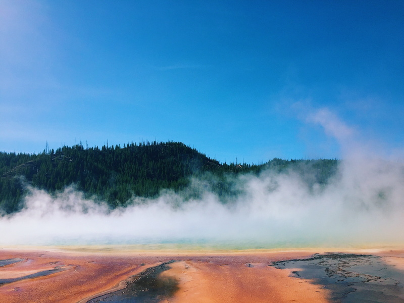 smoke - physical structure, yellowstone national park, geyser, grand prismatic spring, heat - temperature, united states, wyoming, trees, scenics - nature