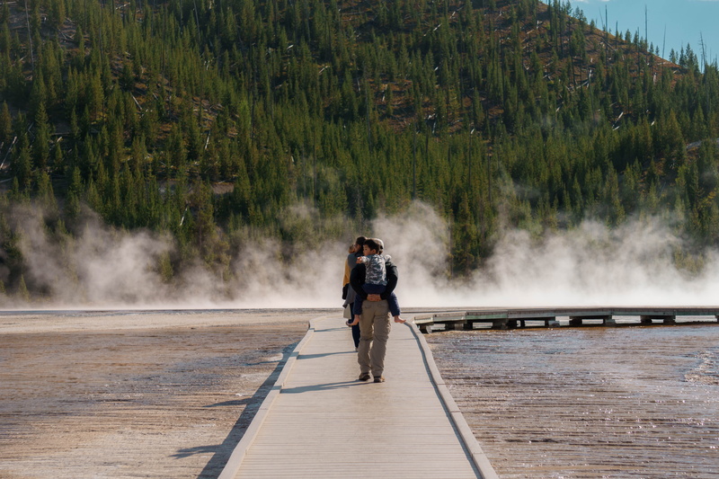 tree, fog, child, full length, land vehicle, leisure activity, real people, plant, bicycle, spring, lifestyles, children, geyser, bridge, day, outdoors