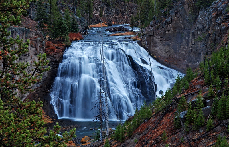 Yellowstone, trees, river, Wyoming, waterfall, forest, a stream, waterfalls, rocks, photography, USA, 2K